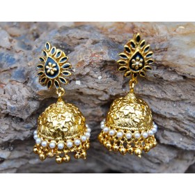 Black Leaf Enameled Golden Jhumka
